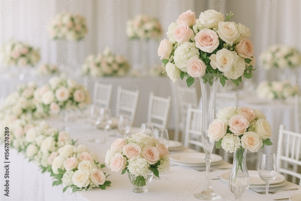 Elegant banquet decoration featuring floral centerpieces and arrangements
