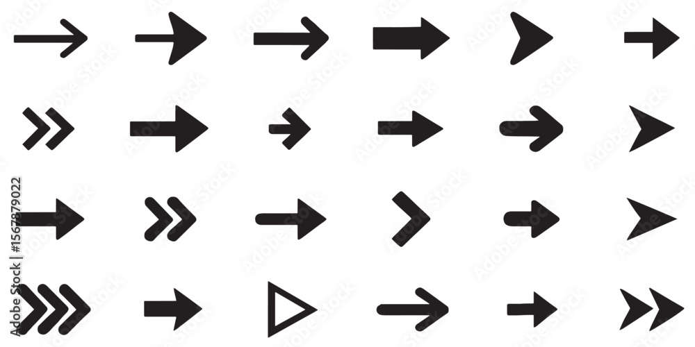 Variety of Arrow Designs Pointing Right Depicting Navigation Movement and Directionality with Differing Styles and Formats for Emphasis and Guidance Variety of Arrow Designs Pointing Right Depicting Navigation Movement and Directionality with Differing Styles and Formats for Emphasis and Guidance