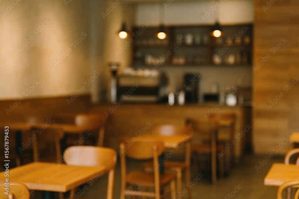 Obraz premium Soft Focus of a Warm CafâˆšÂ© Interior Featuring Seating Areas and Beverage Station in a Calm Setting