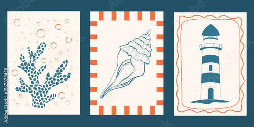 Set of vector posters depicting underwater ocean. Minimalist retro nautical print designs with outline illustrations of seashells, corals and lighthouse in fancy frames