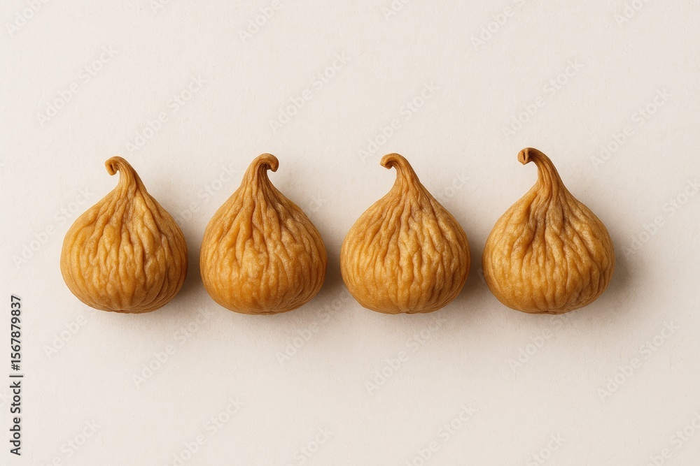 Obraz premium Detailed View of Dried Figs Arranged in a Line on a Light Surface, Minimalist Style with Empty Space