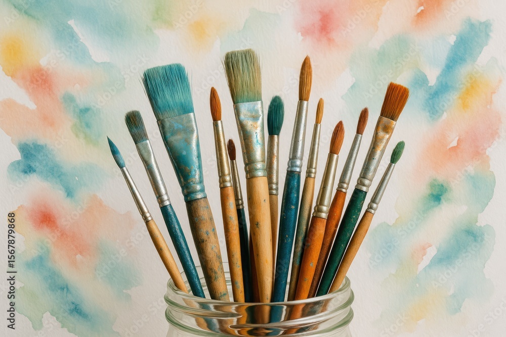 Fototapeta premium Detailed view of a container filled with paintbrushes