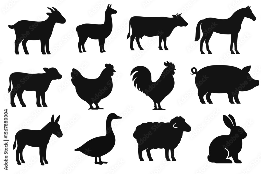 Fototapeta premium Farm Animal Silhouettes Vector Set of Livestock Icons for Agriculture Design