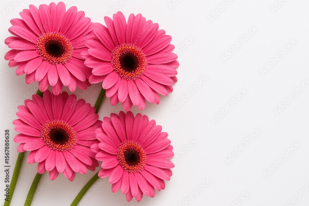 Detailed view of vibrant pink gerber daisies against a blank white backdrop Detailed view of vibrant pink gerber daisies against a blank white backdrop