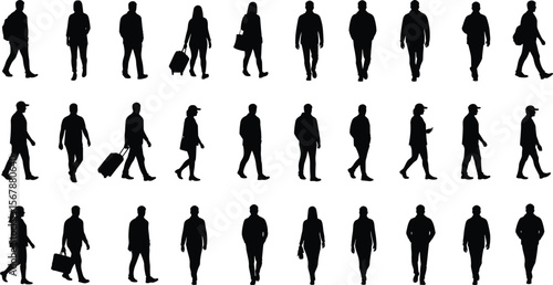 Silhouette collection of walking people, men and women, casual clothing, travel and commuter poses, vector illustration for design use