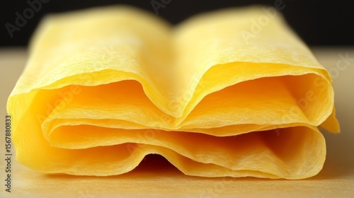 Golden Pasta Sheets: A close-up of stacked fresh pasta sheets, their layers revealing a delicate, textured surface, ready for culinary creations. The warm glow highlights their inviting appeal.