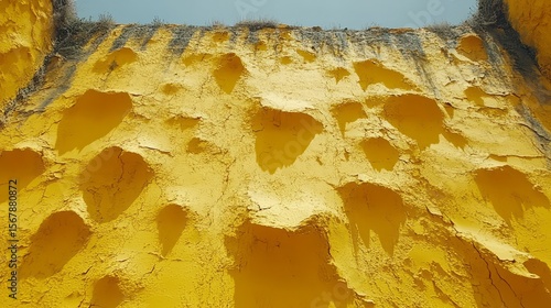 Eroded sandstone wall: A captivating close-up unveils the rough textures and unique forms of an old sandstone structure, highlighting the beauty of natural weathering and time's passage. 