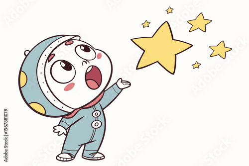 Vector cute Baby Boy cartoon character, with wide, amazed eyes and an open mouth, wearing a space-themed pajamas and looking up at a twinkling star, in a wondrous, imaginative style, isolated on white