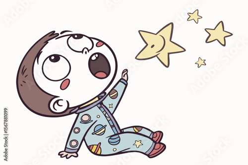 Vector cute Baby Boy cartoon character, with wide, amazed eyes and an open mouth, wearing a space-themed pajamas and looking up at a twinkling star, in a wondrous, imaginative style, isolated on white
