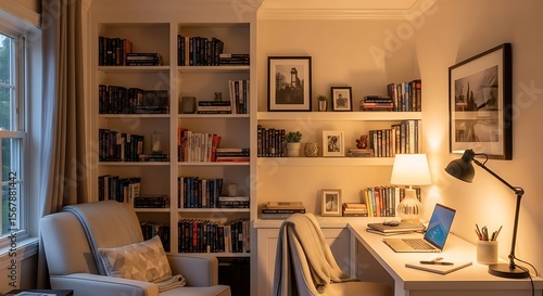 Cozy Home Office Design Bookshelves, Desk, and Reading Nook