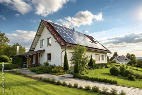 Wallpaper Mural Modern house with solar panel on roof. Sustainable home energy concept. Renewable power for green living and environment protection. Torontodigital.ca