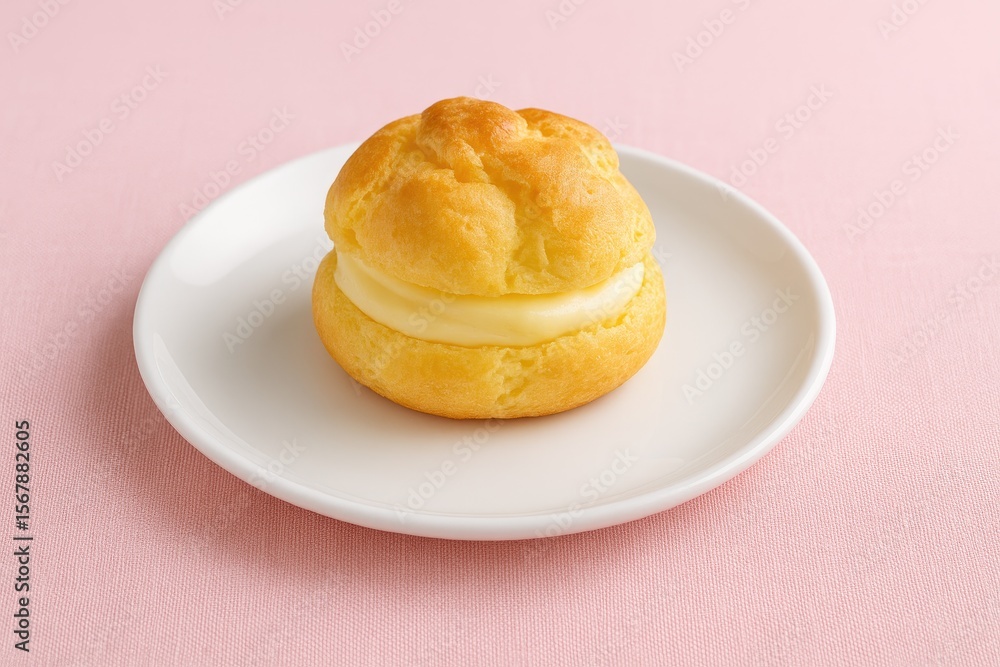 Delicious cream-filled pastry served on a white plate with a pink table setting Delicious cream-filled pastry served on a white plate with a pink table setting
