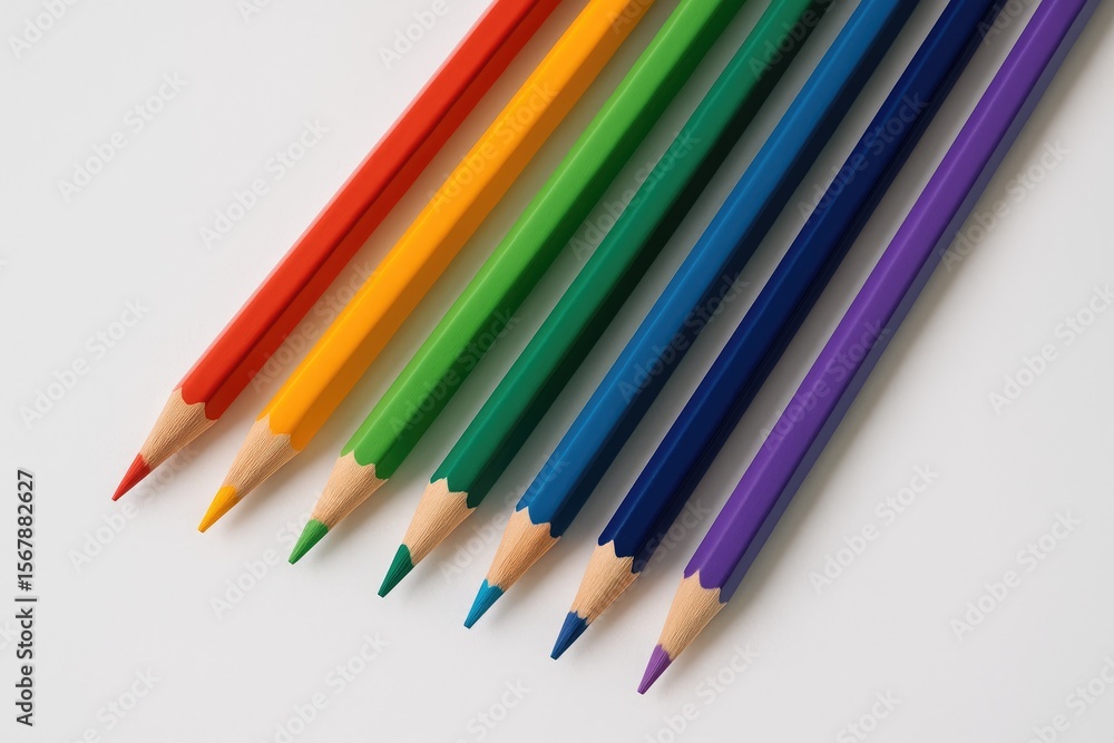 Vibrant rainbow-colored pencils displayed on a plain white backdrop Vibrant rainbow-colored pencils displayed on a plain white backdrop
