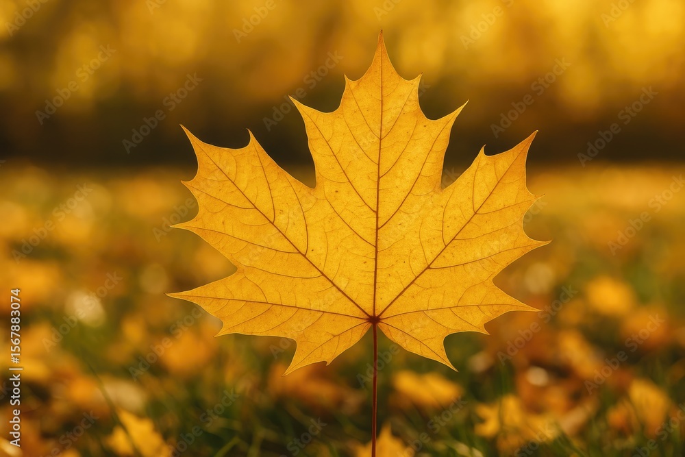 Detailed view of a fall-colored maple leaf against a natural autumn setting Detailed view of a fall-colored maple leaf against a natural autumn setting