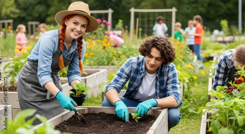 Wallpaper Mural Young woman and man planting seedlings in community garden. Horticulture and agriculture concept. Summer activity with friends on organic farm. Torontodigital.ca
