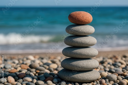 Fototapeta Naklejka Na Ścianę i Meble -  Close-up of smooth stones carefully balanced with the ocean in the distance