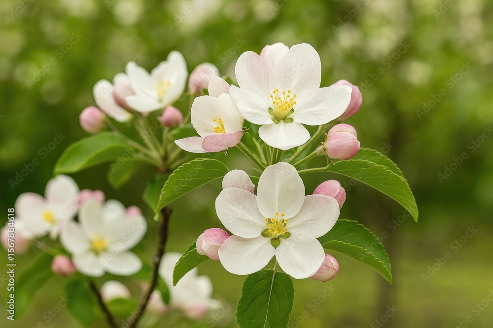 Vibrant springtime scene featuring a flowering apple tree in a lush garden with a natural backdrop Vibrant springtime scene featuring a flowering apple tree in a lush garden with a natural backdrop
