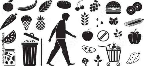 Food Waste Awareness Icons – Healthy vs Junk Food Concept