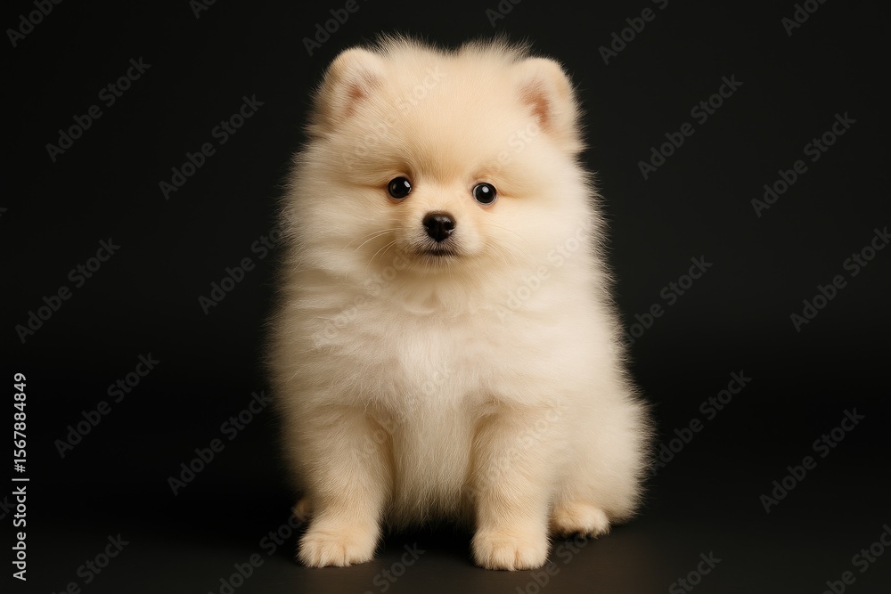 Cute cream-colored fluffy puppy sitting full-length against a dark background Cute cream-colored fluffy puppy sitting full-length against a dark background