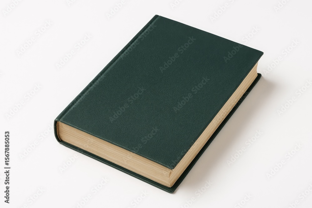 Deep green hardcover resting on a white surface Deep green hardcover resting on a white surface