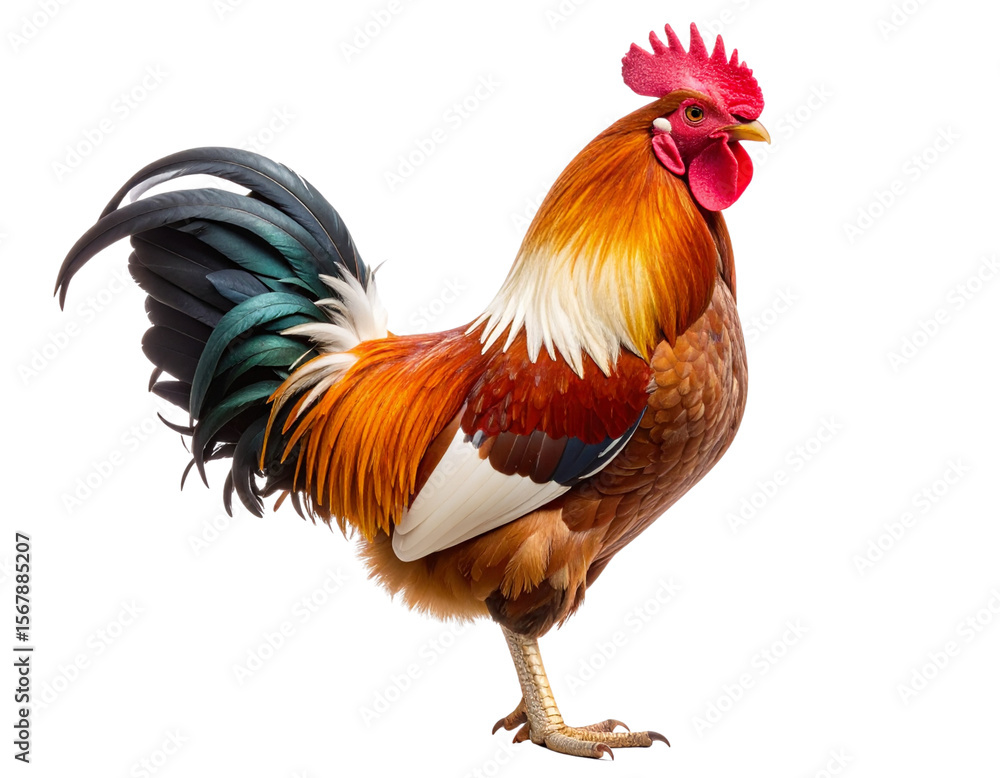Fototapeta premium Red and White Rooster Standing Proudly, Realistic Feather Details, Isolated on Transparent Background PNG