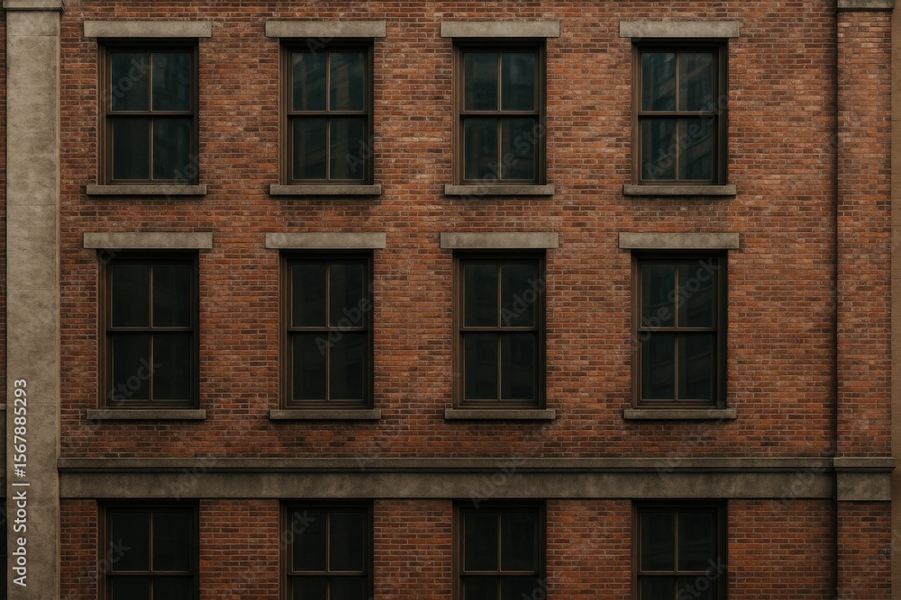 Fototapeta premium Detailed view of an aged brick facade on an urban building