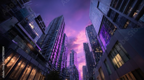 Downtown skyscrapers with ambient neon lighting, wide-angle view from ground level, sky transitioning from daylight to twilight in purple tones 