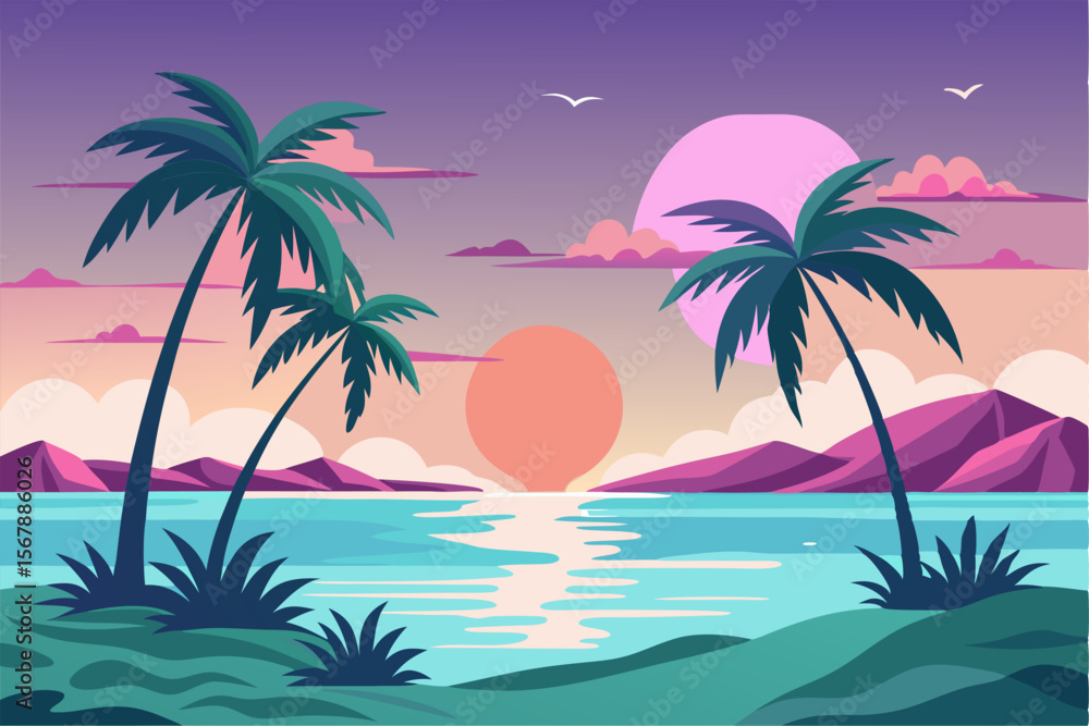 Fototapeta premium Tropical Beach Sunset with Palm Trees and Ocean Waves