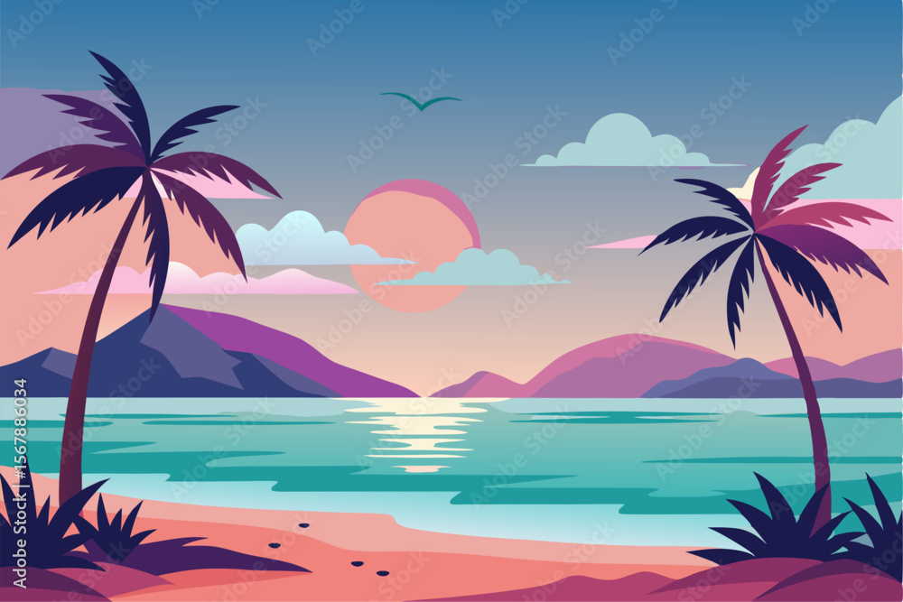 Obraz premium Tropical Beach Sunset with Palm Trees and Ocean Waves