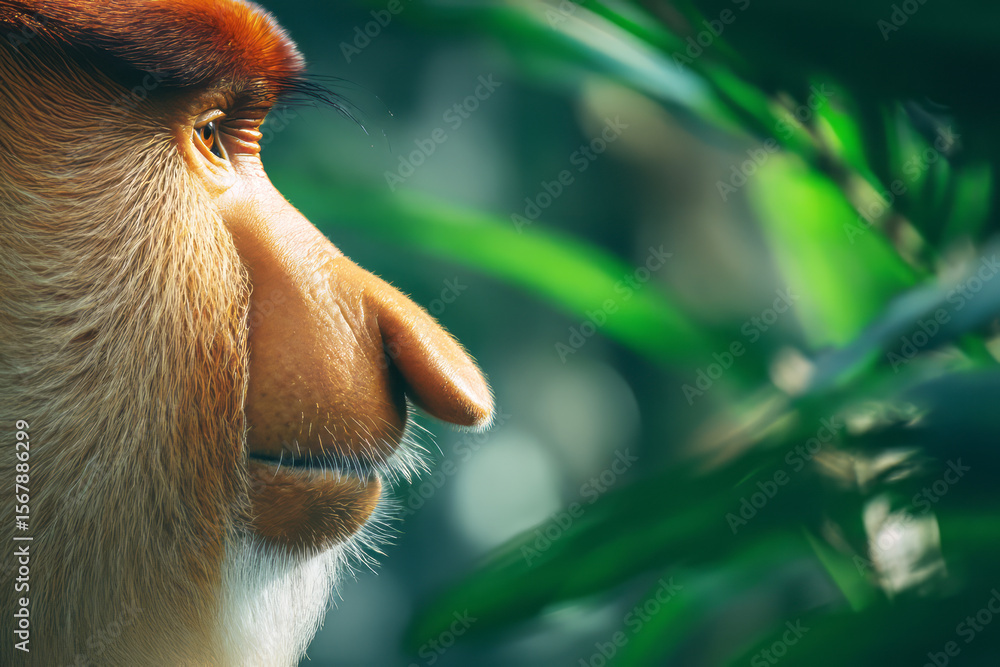Fototapeta premium Close-up side profile of a proboscis monkey highlighting its distinctive long nose and textured facial fur, with soft green jungle foliage in the background. ai generative