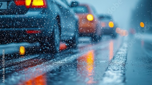 Cars driving during a snowy, wet day on the road