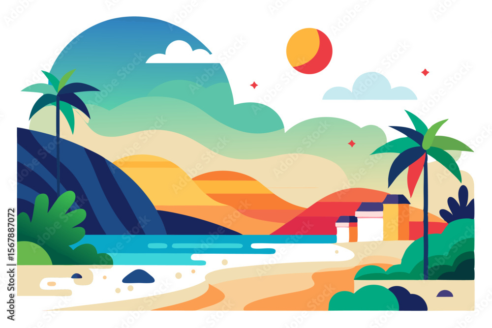 Obraz premium Tropical Beach Sunset with Palm Trees and Ocean Waves