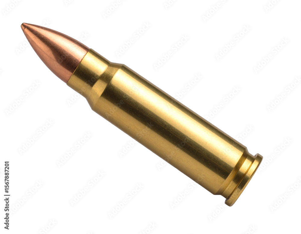 Fototapeta premium Falling brass bullet with motion blur angled downward isolated on white background PNG