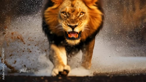 Lion animal wildlife running through water splash with fierce expression and droplets natural