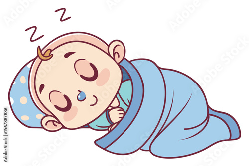 Vector cute Baby Boy cartoon character, with a contented sigh and a peaceful expression, wearing a soft blue blanket and sleeping soundly, in a tranquil, serene style, isolated on white background