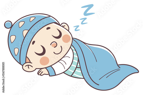 Vector cute Baby Boy cartoon character, with a contented sigh and a peaceful expression, wearing a soft blue blanket and sleeping soundly, in a tranquil, serene style, isolated on white background