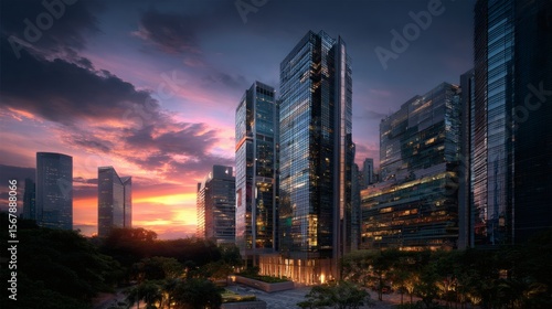 Business district with cutting-edge skyscrapers, neon lighting glowing inside windows, reflective glass catching the last light of sunset, ambient dusk tones 