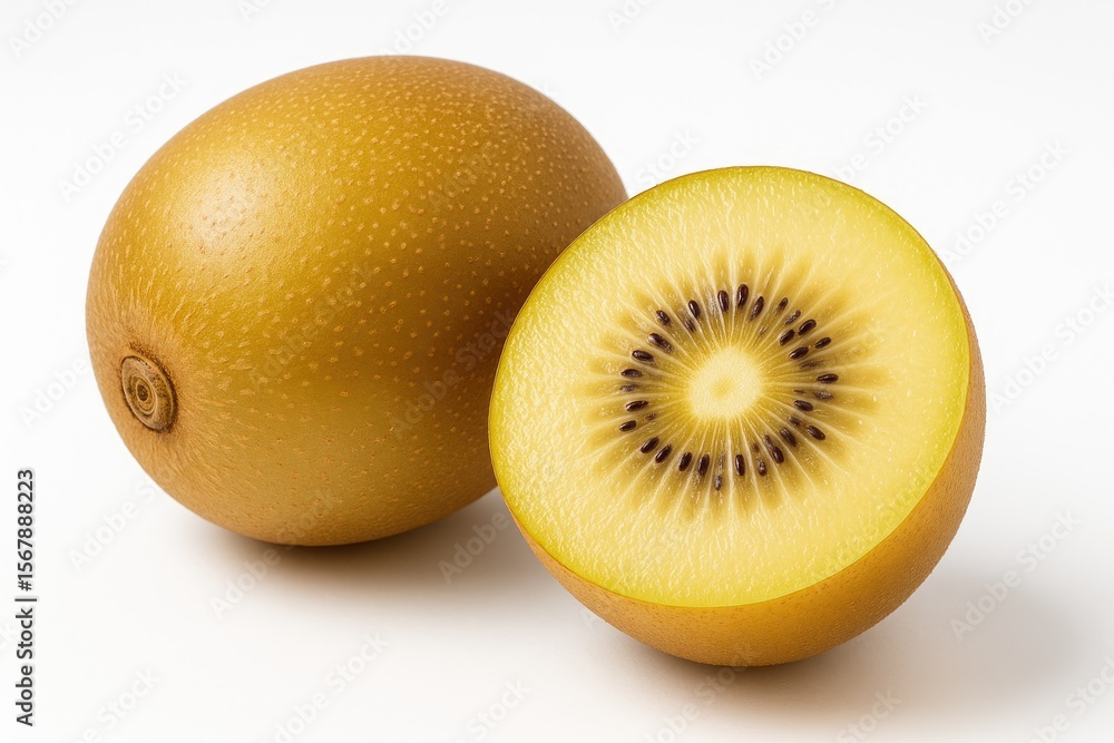 Fototapeta premium Slice a golden kiwifruit against a white backdrop