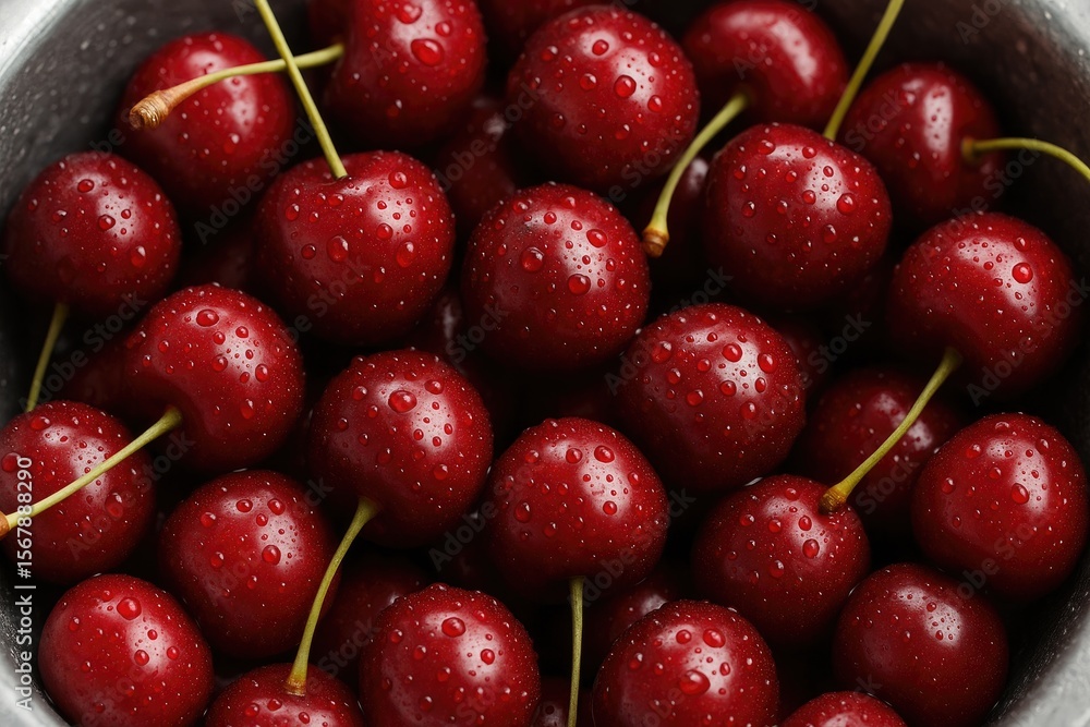 Detailed close-up of a freshly washed cherry with glistening water droplets Detailed close-up of a freshly washed cherry with glistening water droplets