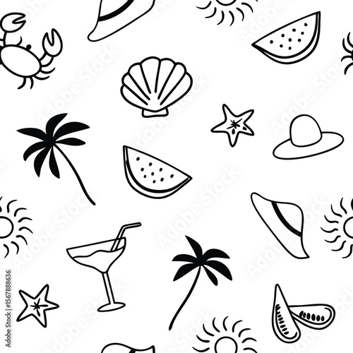 Seamless Summer Pattern Black White Sun Hats Watermelon Palm Trees Seashells Crab Starfish Cocktail