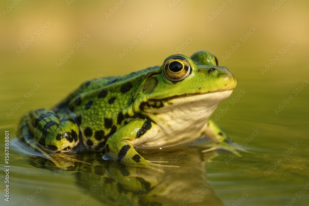 Detailed view of a vibrant green aquatic frog resting on water during summer Detailed view of a vibrant green aquatic frog resting on water during summer