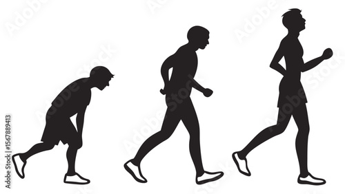 Evolving vector silhouettes of women and girls depict people in motion, from running sports to artistic dance, in a black illustration of the human figure
