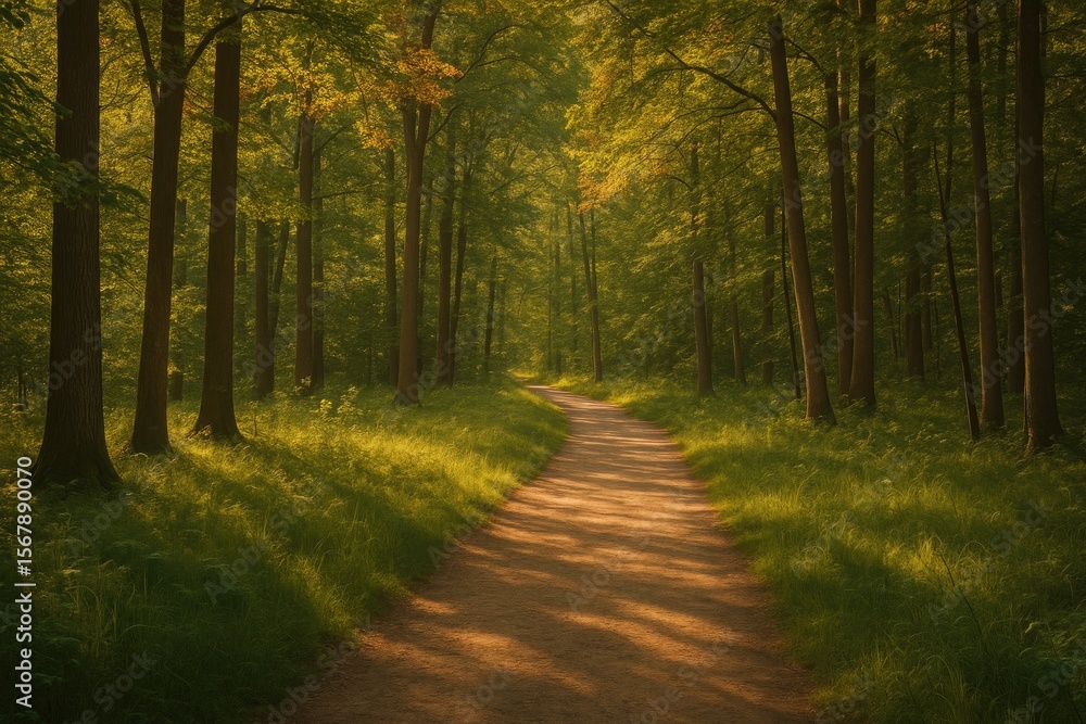 Fototapeta premium Vivid landscape featuring a lush woodland with a sunlit trail