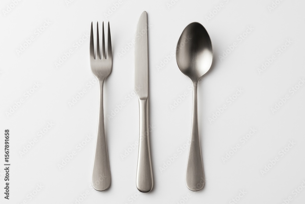 Complete cutlery collection featuring a fork, knife, and spoon on a plain white backdrop Complete cutlery collection featuring a fork, knife, and spoon on a plain white backdrop
