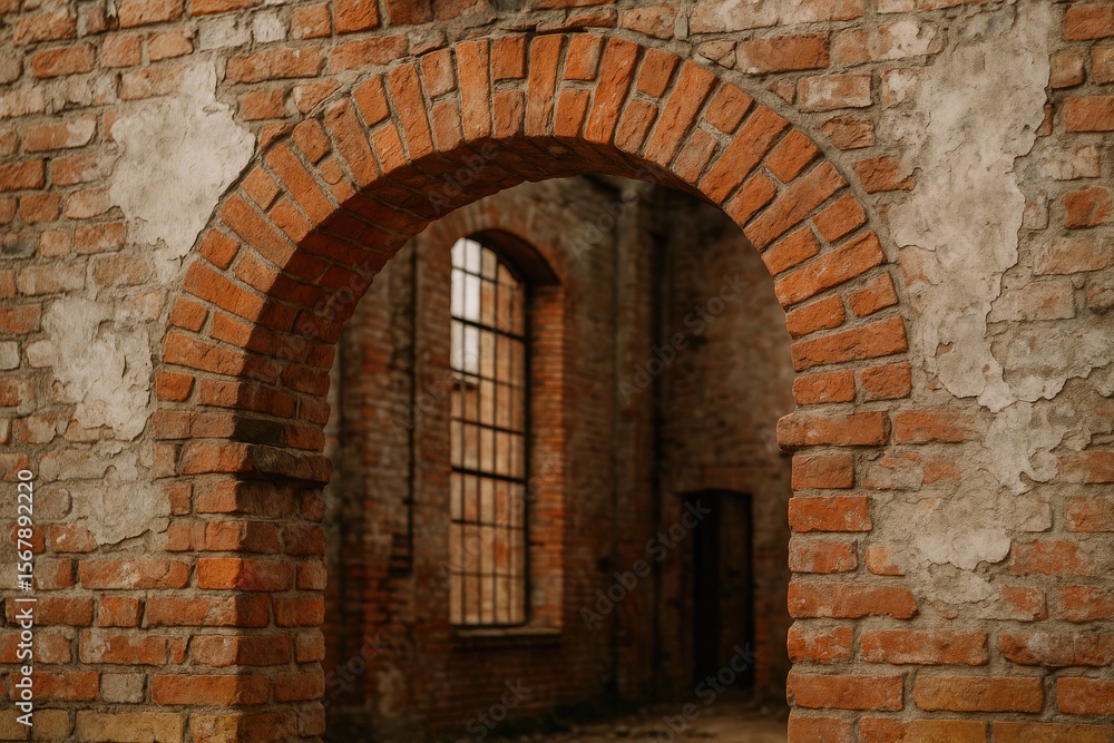 Detailed view of aged brick arch within a dilapidated industrial structure Detailed view of aged brick arch within a dilapidated industrial structure