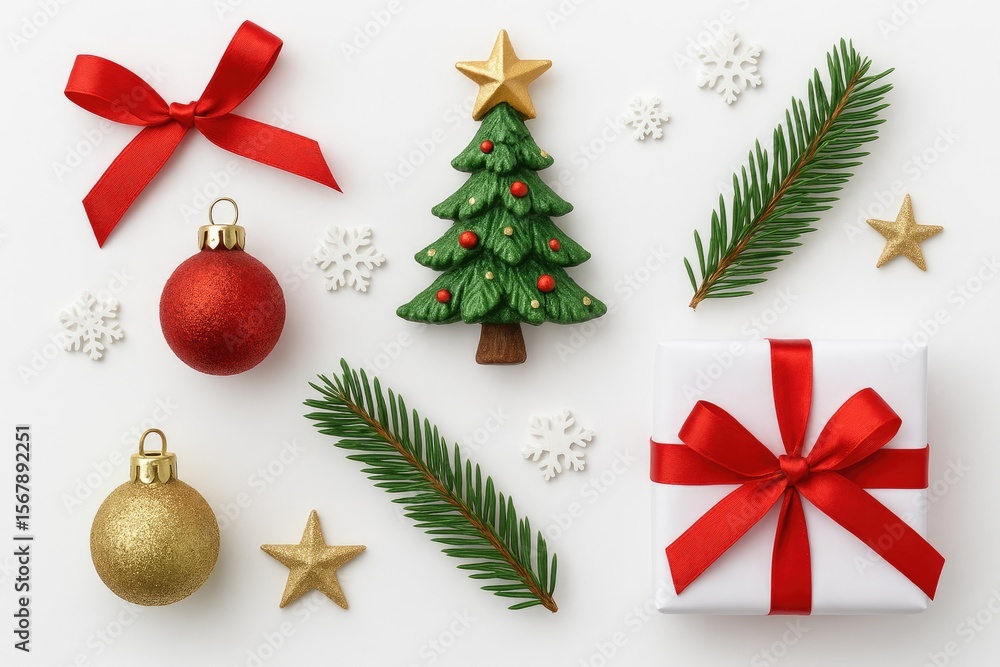Festive holiday ornaments on a plain white backdrop Festive holiday ornaments on a plain white backdrop