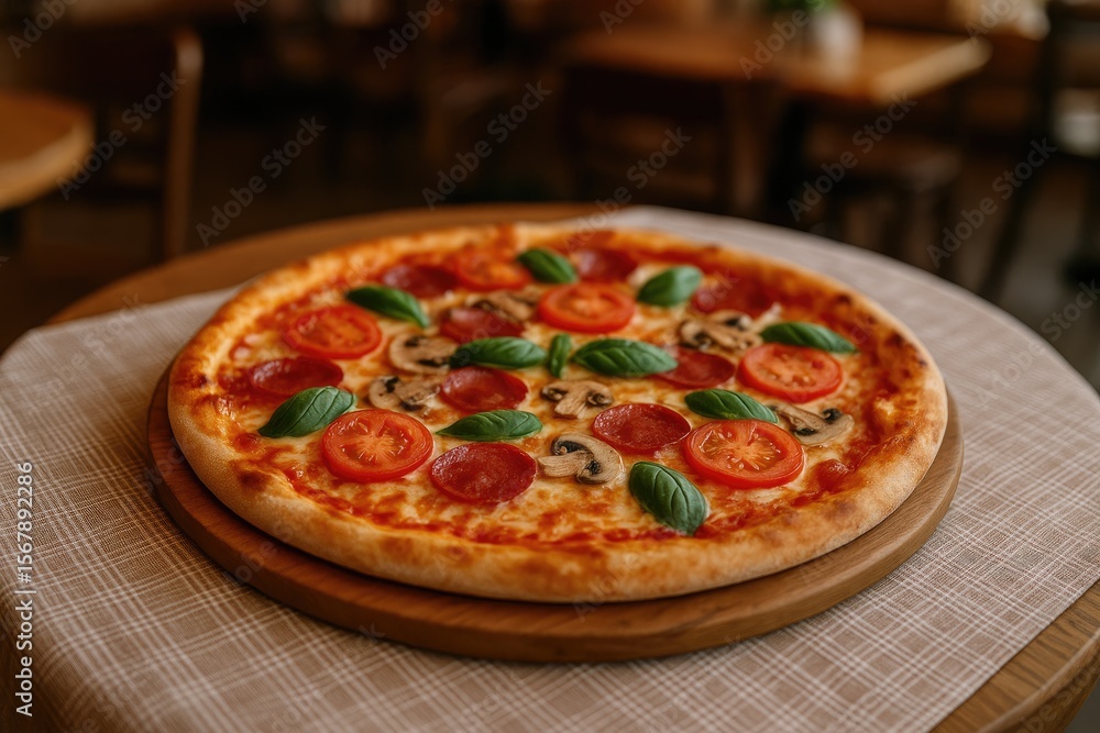 Tasty pizza served on a table inside a cozy café Tasty pizza served on a table inside a cozy café