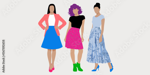 Fashion Trio: Three stylish women pose gracefully, showcasing diverse outfits against a minimalist background. Each ensemble expresses individuality and elegance.