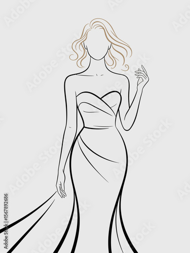 Elegant Silhouette in a Gown: A refined sketch showcases a woman adorned in a flowing gown, the embodiment of grace and sophistication. With sleek lines and minimalist details.