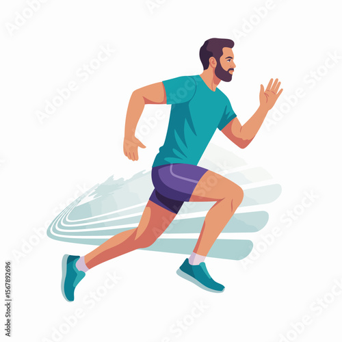 Runner in Motion: A dynamic illustration of a bearded man in teal shirt and purple shorts running with determination.  His stride is powerful, suggesting speed and endurance.